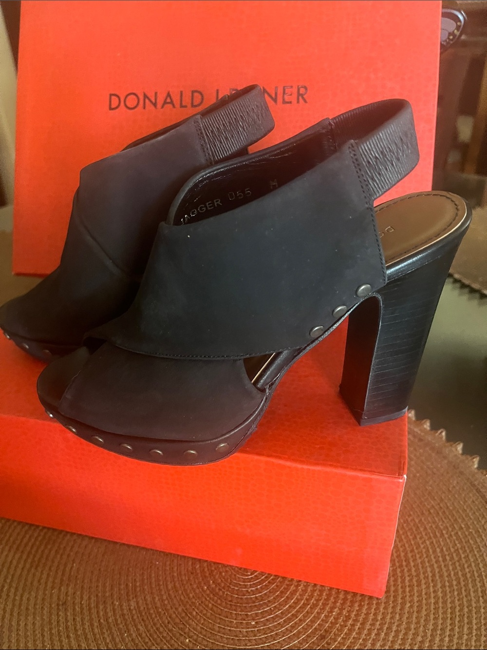 Donald J. Pliner Black Suede Peep-Toe Crossover Slingback Heels
